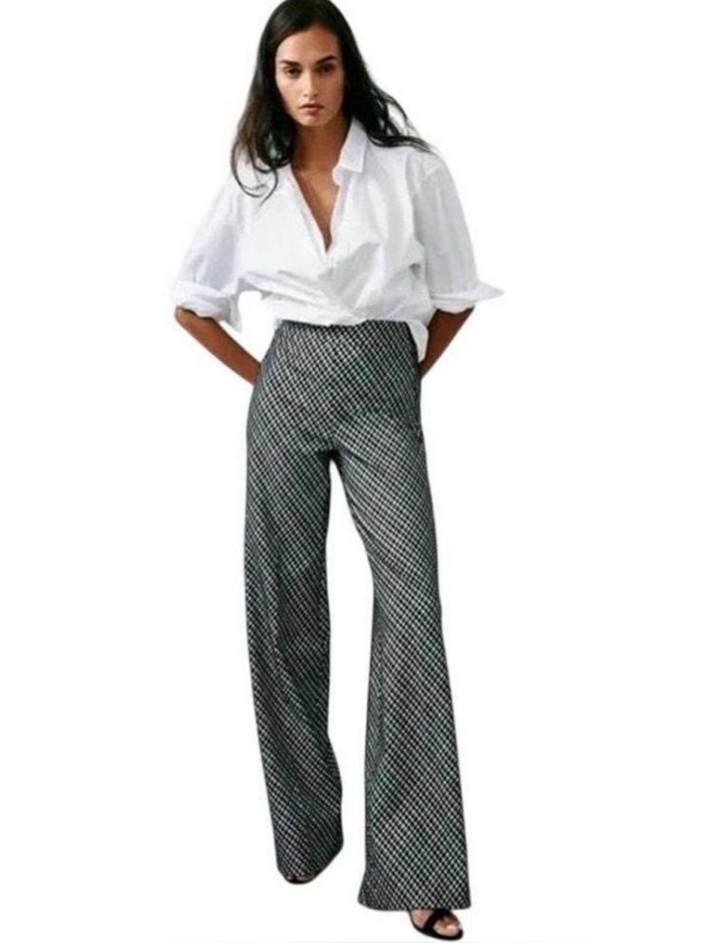 Spanx The Perfect Pant Wide Leg Black White Gingham Print Size Large